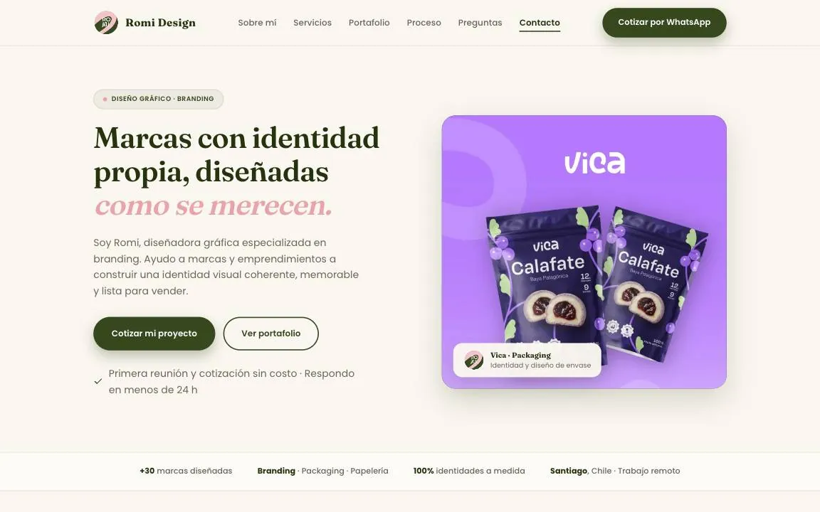 Estilo Marca personal con portafolio y planes, basado en la página de Romi Design