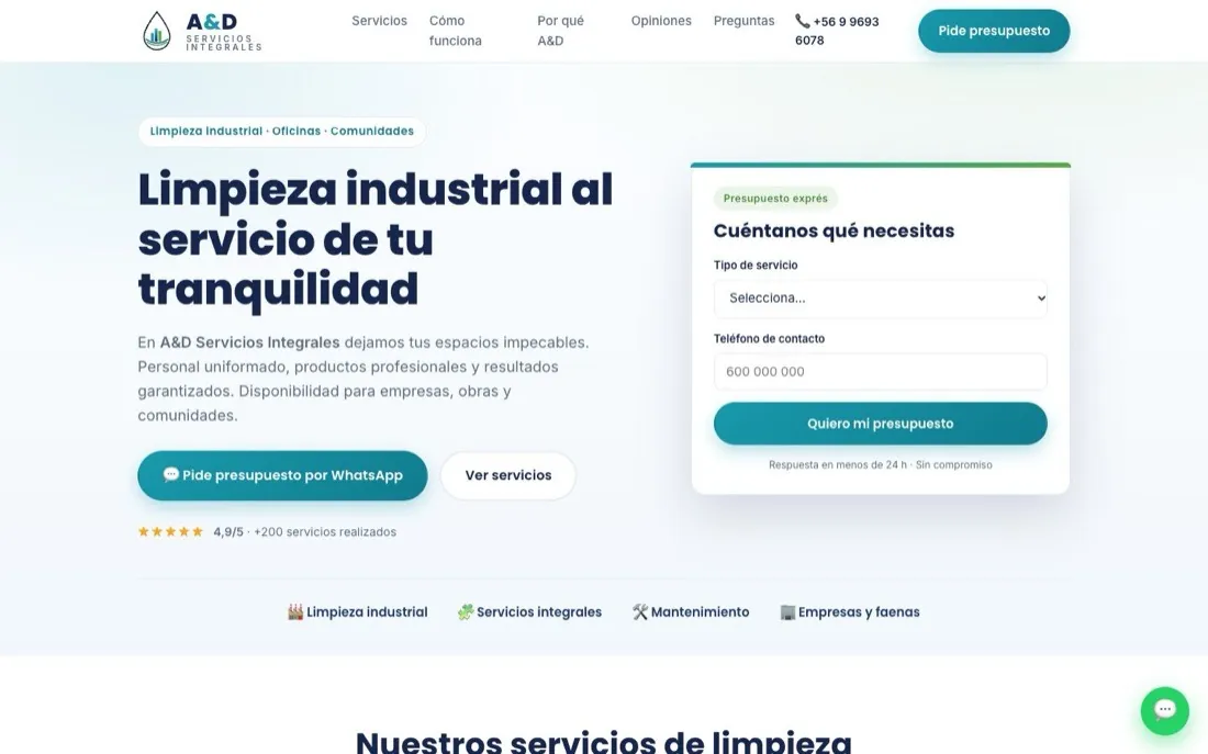 Página web de A&D Servicios Integrales, hecha por HazloPosible