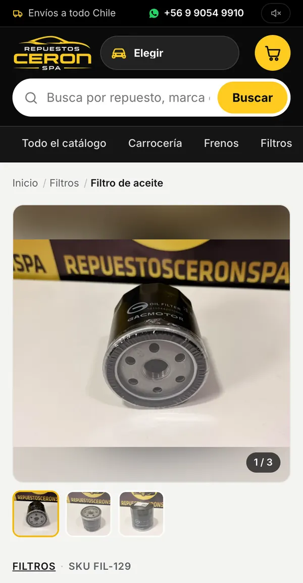 Ficha de un filtro de aceite en el celular, con galería de fotos y precio