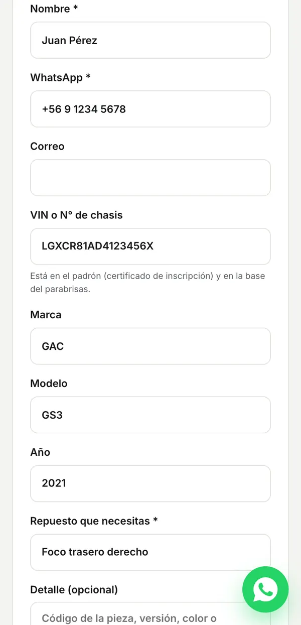 Formulario de cotización por encargo con el campo VIN o número de chasis