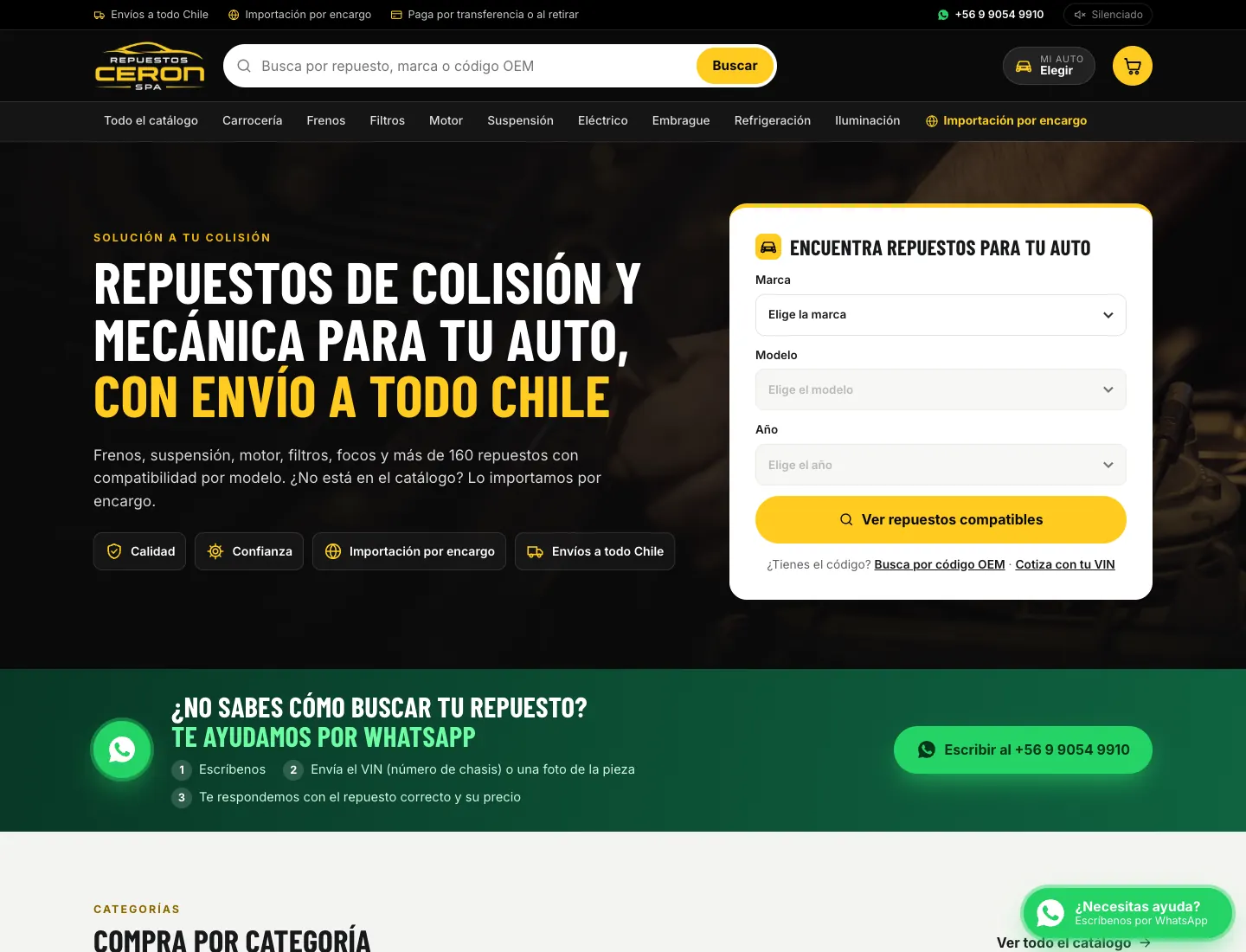 Portada de la tienda online de Repuestos Cerón, con el buscador de repuestos por marca, modelo y año